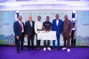 From left: Divisional Head, Agribusiness and Non-Oil Exports, First City Monument Bank (FCMB), Mr. Kudzai Gumunyu; Divisional Head, Business Banking, Mr. George Ogbonnaya; Managing General Partner, AfriGloCal Venture Capital, Mope Abudu; grand prize winner of the FCMB Agritech Hackathon 2025, Favour Adeleke of Qiqi Farms; Adjunct Professor of Agribusiness at the Lagos Business School, Dr. Jide Adedeji and CEO, Agrimedia Group, Mr. Femi Abioye, at the grand finale and presentation of cheques to winners of the Agritech Hackathon organised by FCMB in partnership with the Dutch Entrepreneurial Development Bank (FMO)  and HeaveVentures. The event took place in Lagos recently. 