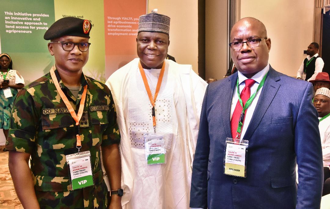  From left: Director-General of the National Youth Service Corps (NYSC), Brig. Gen. Olakunle Nafiu; Director General/CEO of the National Biotechnology Research and Development Agency (NBRDA), Professor Abdullahi Mustapha; and Divisional Head of Agribusiness and Non-Oil Export at First City Monument Bank (FCMB), Mr. Kudzai Gumunyu, at the national launch of the Youth Agribusiness Land Fund (YiALTF) at Abuja Continental Hotel on June 1, 2026.