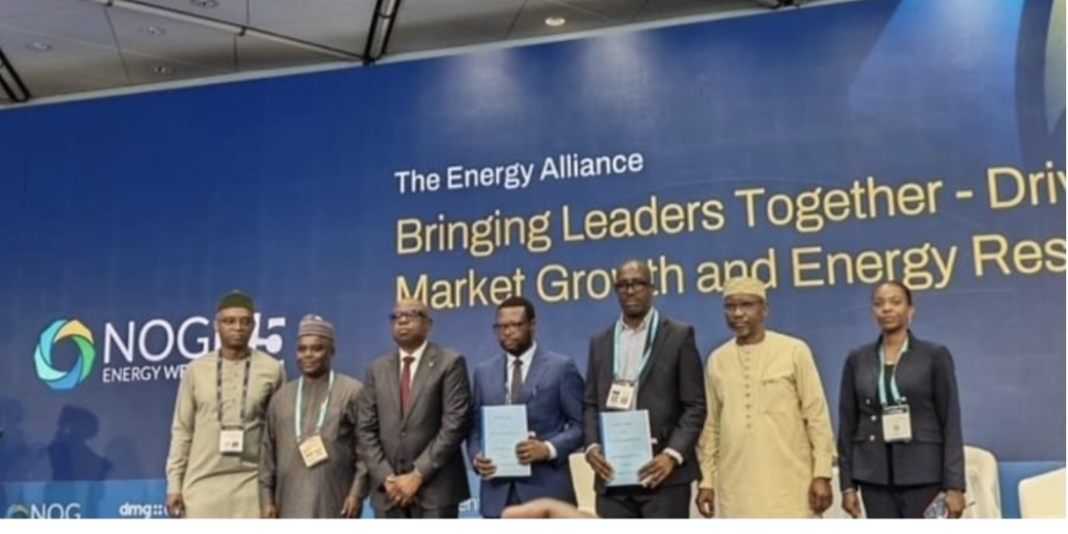 From left: Executive Vice President for Gas, Power and New Energy at NNPC Limited, Olalekan Ogunleye; Company Secretary/Legal Adviser at Nigerian Gas Infrastructure Company Limited, Ahmad Khalid; Group CEO of NNPCL, Engr. Bashir Bayo Ojulari; MD AGPC, Mr. James Makinde; Managing Director NGIC, Engr. Audu Ibrahim; Minister of State for Petroleum Resources (Gas), Rt. Hon. Ekperikpe Ekpo; and Company Secretary/Legal Adviser of AGPC, Barrister Mofe Eromosele, at the signing of the agreement