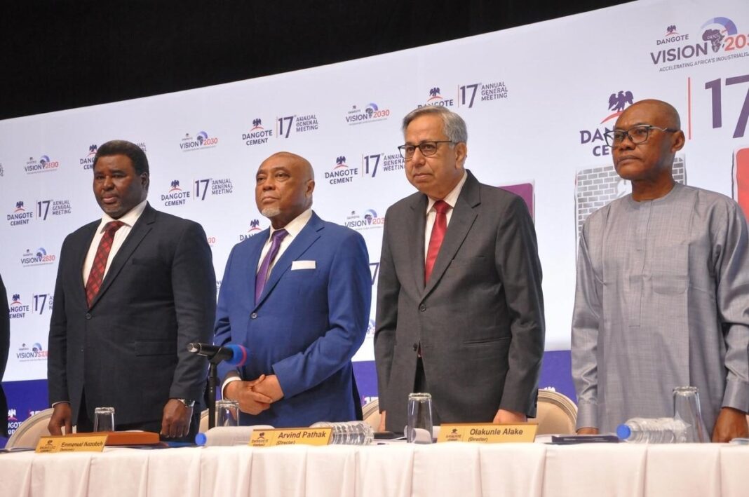 L-R: Independent Non-Executive Director, Dangote Cement Plc, Ernest Ebi; Chairman, Dangote Cement Plc, Emmanuel Ikazoboh; GMD/CEO, Dangote Cement Plc, Arvind Pathak; Non-Executive Director, Dangote Cement Plc, Halima Aliko-Dangote; Independent Non-Executive Director; Cherie Blair CBE, KC; Non-Executive Director, Dangote Cement Plc, Abdu Dantata, at the 17th Annual General Meeting of Dangote Cement Plc held in Lagos on Thursday, July 2, 2026