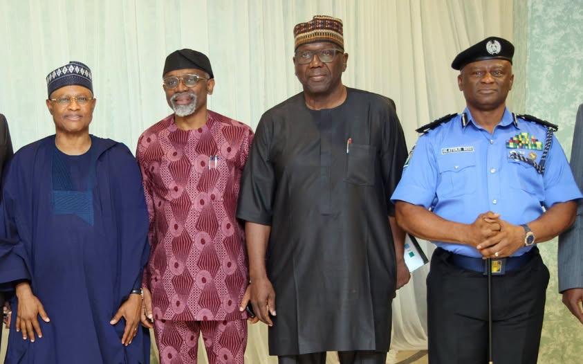 From left, Governor Uba Sani of Kaduna, Femi Gbajabiamil, Governor of Kwara State, AbdulRazak AbdulRahman, and IGP Tunji Disu