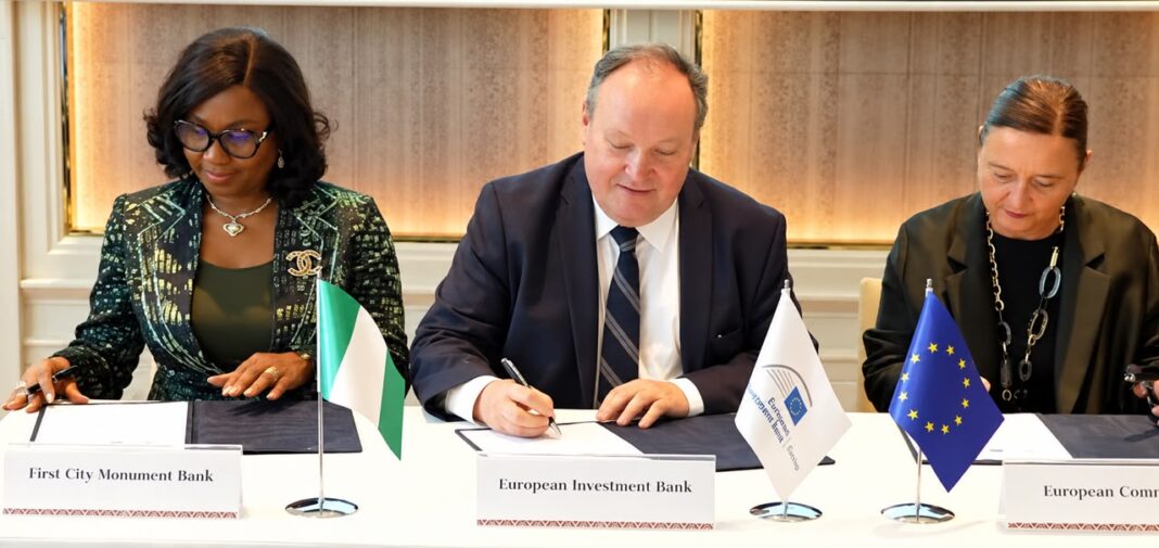 From left: Managing Director/Chief Executive Officer, First City Monument Bank (FCMB), Yemisi Edun; Vice-President, European Investment Bank (EIB), Ambroise Fayolle and Deputy Director-General, European Commission, Marjeta Jager, at the signing ceremony of an €85 million credit facility to support private-sector companies across agricultural value chains in Nigeria. The signing took place on October 14, 2026, in Bangkok, Thailand, during the Annual Meetings of the International Monetary Fund and the World Bank Group.