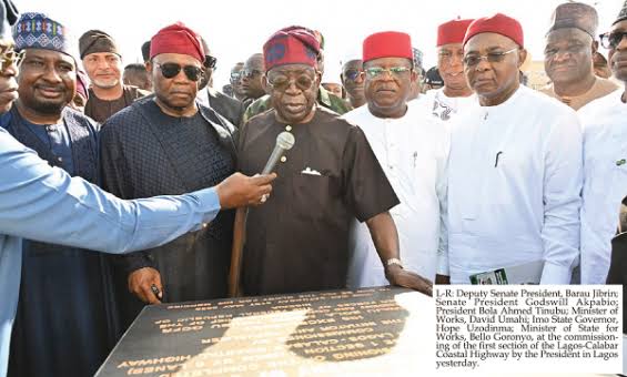 President Tinubu, centre, Akpabio, Umahi, Uzodimma, on the day the first 30-km Lagos-Calabar Coastal Highway was commissioned.