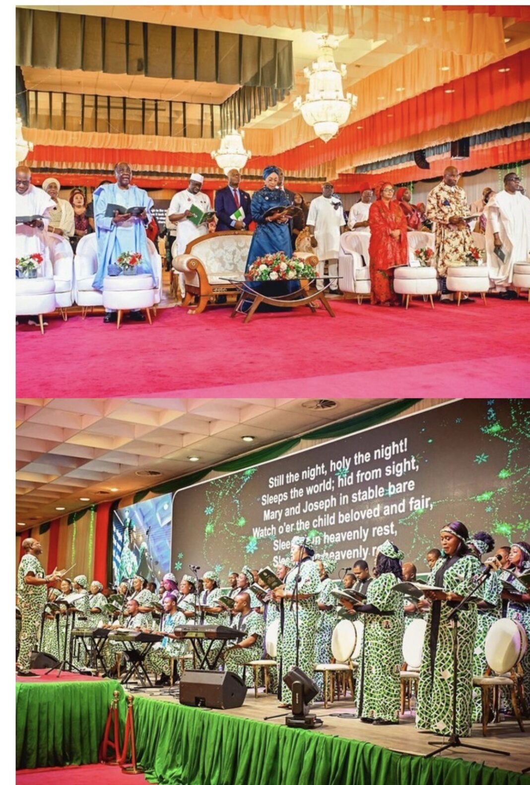 On the front row L-R Former President Chief Olusegun Obasanjo,former Head of state General Yakubu Gowon, First Lady of Nigeria, Oluremi Tinubu, wife of the Speaker House of Representatives Hajia Fatima Tajudeen Abass, Deputy Speaker, Hon Benjamin Kalu and Leader of the Senate Senator Opeyemi Bamidele during the 2025 service of nine lessons and carols with the theme Emmanuel, God with us, held at the State House banquet Hall on Friday 12th December 2025 Below: The 100 man mass choir at the 2025 service of nine lessons and carols