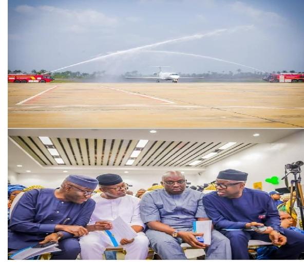 First commercial fligth land in Ekiti, top, and former Governors Fayemi, Oni, Fayemi and Adebayo were present