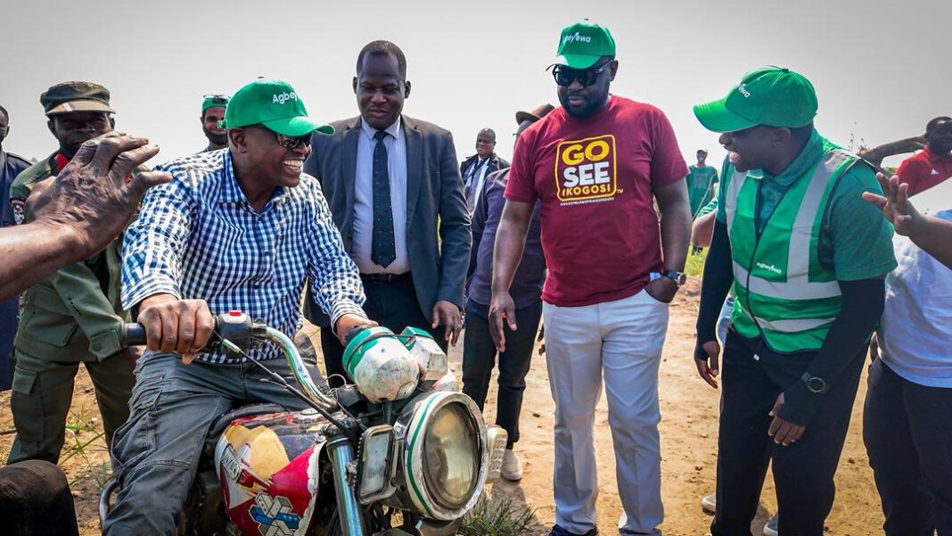 Former President of Botswana, His Excellency Mokgweetsi Eric Keabetswe Masisi, on motorbike, during his visit to the farm