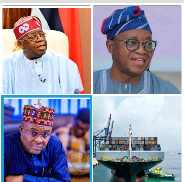 President Tinubu, top left; the Minister of Marine and Blue Economy, Adegboyega Oyetola, top right; Lekki Deep Sea Port, bottom ight; and the Managing Director of NPA, Dr Abubakar Dantsoho, mm