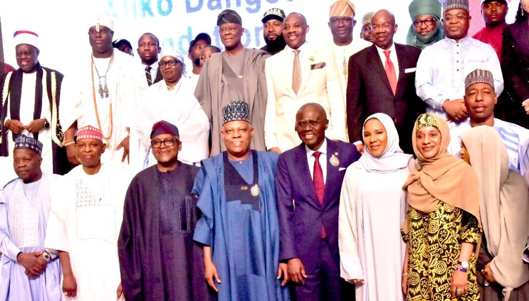 FRONT ROW: L-R: Gombe State Governor, Muhammadu Inuwa Yahaya; Kano State Governor, Abba Kabir Yusuf; Chairman, Aliko Dangote Foundation, Aliko Dangote; Vice President of Federal Republic of Nigeria, Kashim Shettima; Lagos State Governor, Babajide Sanwo-Olu; Trustee, Aliko Dangote Foundation, Halima Aliko Dangote; GED Operations, Dangote Sugar Refinery Plc, Mariya Aliko Dangote; Borno State Governor, Prof. Babagana Zulum BACK ROW: Chairman Steering Committee, ADF Scholarship Programme; Justice Sidi Bage, JSC; Ooni of Ife, Oba Adeyeye Enitan Ogunwusi (Ojaja II); Deputy Governor of Kaduna State, Hadiza Balarabe; Minister of Finance and Coordinating Minister of the Economy, Wale Edun; Minister for Education, Dr. Maruf Tunji Alausa; Chairman, Zenith Bank Plc, Jim Ovia; Group Chairman of Nigerian Exchange Group (NGX Group), Alhaji (Dr.) Umaru Kwairanga, at the launching of Aliko Dangote Foundation (ADF) N100 Billion Education Scholarship Initiative nationwide in Lagos on Thursday, December 11, 2025