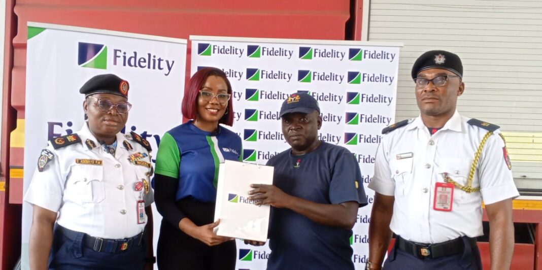 L-R: Lagos State Controller, Federal Fire Service, CF (Controller of Fire), Adebayo Funke; Tolulope Rojaiye, Marketing Business Partner, Fidelity Bank Plc; Assistant Superintendent of Fire, Ishola Folorunsho Olufemi; and Station Commander, Onikan Fire Station, Lagos, Okeke Ferdinand; during the donation of firefighting equipment to the Federal Fire Service at Ikoyi, Lagos, recently
