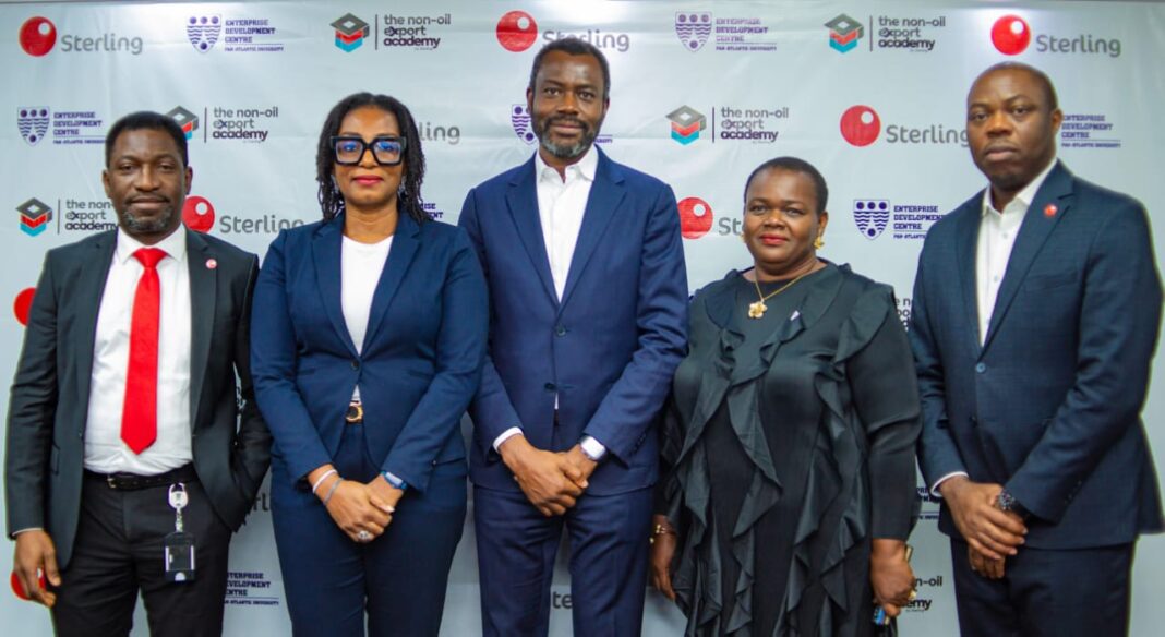 L-R: Kola Oluyemi, Group Head, Sterling Academy; Dr. Nneka Okekearu, Director, Enterprise Development Centre (EDC), Pan Atlantic University (PAU); Abubakar Suleiman, MD/CEO, Sterling Bank; Dr. Nnenna Ugwu, Head, Alumni Engagement and Support Services, EDC at PAU; and Akporee Idenedo, Divisional Head, Commercial Banking, Sterling Bank at the recent MoU signing to certify graduates of Sterling Bank’s Non-Oil Export Academy. 