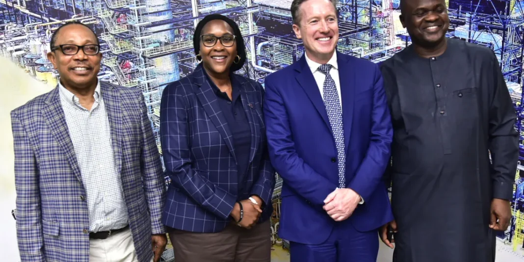 L-R, Dangote Industries Limited, Group Chief Brand & Communications Officer, Anthony Chiejina, Dangote Petroleum Refinery, Chief HR Officer, Gloria Byamugisha; Dangote Petroleum Refinery, Managing Director/ CEO, David Bird; Dangote Petroleum Refinery, Head Admin, Musa Bala; During the Managing Director/ CEO, Dangote Petroleum Refinery Limited, Meeting with the Press in Lekki Lagos on Wednesday 14th January 2026.