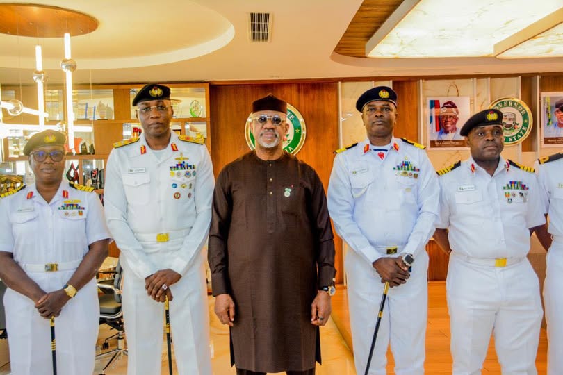 Governor Abiodun in group photograph with the Flag Officer Commanding, Western Naval Command, Rear Admiral Abubakar Abdullahi Mustapha, alongside senior officers of the command