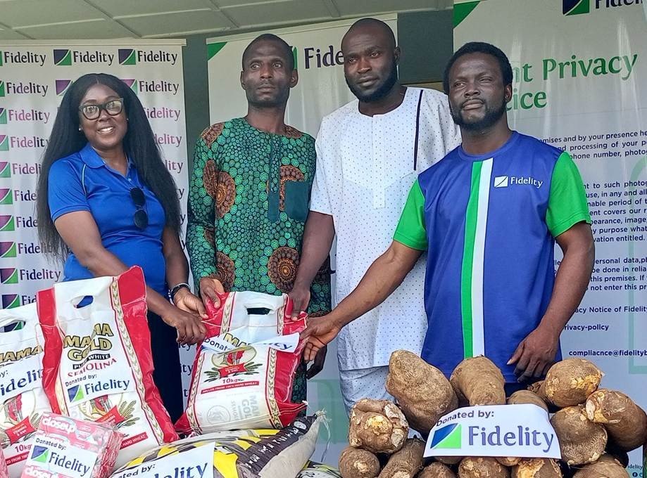 L-R: Team Lead, Corporate Social Responsibility, Fidelity Bank Plc, Victoria Abuka; Caregivers at Oluyole Chesire Home, Ibadan, Johnson Adetunji and Jimoh Taiwo; and Coordinator, Visionary Class of Inductees, Fidelity Bank Plc, Collins Oyakhilome; during the presentation of food and other essential items by Fidelity Bank Plc to the home recently.