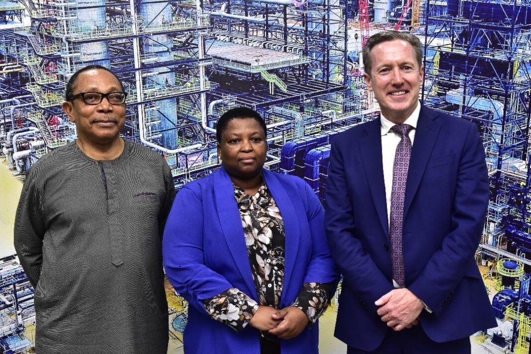 L-R, Group Chief Brand & Communications Officer, Dangote Industries Limited, Anthony Chiejina; Dangote Petroleum Refinery Head Economic Scheduling and Planning (EPS), Lindelani Zondi; :Dangote Petroleum Refinery, Managing Director/ CEO, David Bird; During the Press Conference on the State of Dangote Petroleum Refinery in Lekki, Lagos on Wednesda,y 4th February 2026.