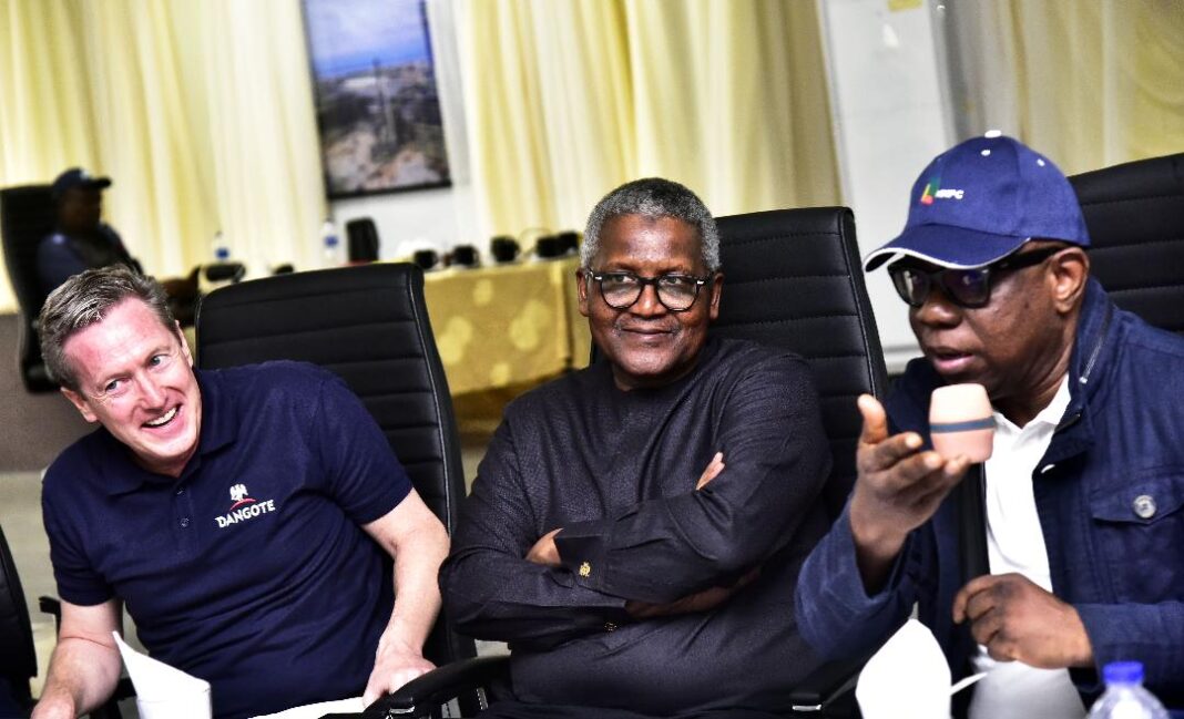 L-R, Dangote Petroleum Refinery, Managing Director/ CEO, David Bird; President/ CE, Dangote Industries limited, Aliko Dangote; Group Chief Executive Officer of the Nigerian National Petroleum Company (NNPC), Engr. Bayo Bashir Ojulari; During the Group Chief Executive Officer Members of the Board and Executive Management Team of Nigerian National Petroleum Company Limited Visit to Dangote Petroleum Refinery and Fertiliser in Lekki Lagos on Saturday February 2026.