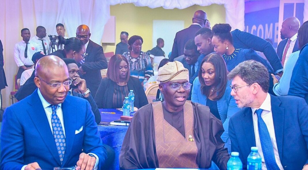 Co-chairman, Lagos International Financial Centre (LIFC), Mr. Aigboje Aig-Imoukhuede; Governor of Lagos State and Co-chairman of LIFC, Mr. Babajide Sanwo-Olu and British Deputy High Commissioner in Lagos, Mr. Jonny Baxter during the Phase 1 Report launch of LIFC, at the Lagos House, Marina, on Thursday, February 5, 2026.