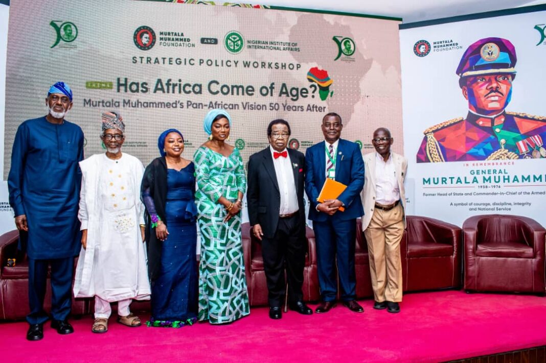 L-R: Mr. Gbenga Oyebode (MFR), Chairman of the Board of Directors, Lafarge Africa Plc; Professor Akin Oyebode, Pro-Chancellor and Chairman of the Governing Council at Ekiti State University (EKSU); Fatima Murtala Muhammed, daugther of the late Gen. Murtala Muhammed; Dr. Aisha Muhammed-Oyebode, CEO, Murtala Muhammed Foundation (MMF); Professor Bolaji Akinyemi, Professor of Political Science and former Nigerian Minister of External Affairs; Professor Prof. Eghosa Osaghae, Director-General, Nigerian Institute of International Affairs (NIIA); and Professor Liasu Adele Jinadu, Adjunct Professor, Department of Political Science, University of Lagos, during MMF's Strategic Policy Workshop organised in partnership with the NIIA, in commemoration of the 50th anniversary of the death of the Gen. Murtala Muhammed.