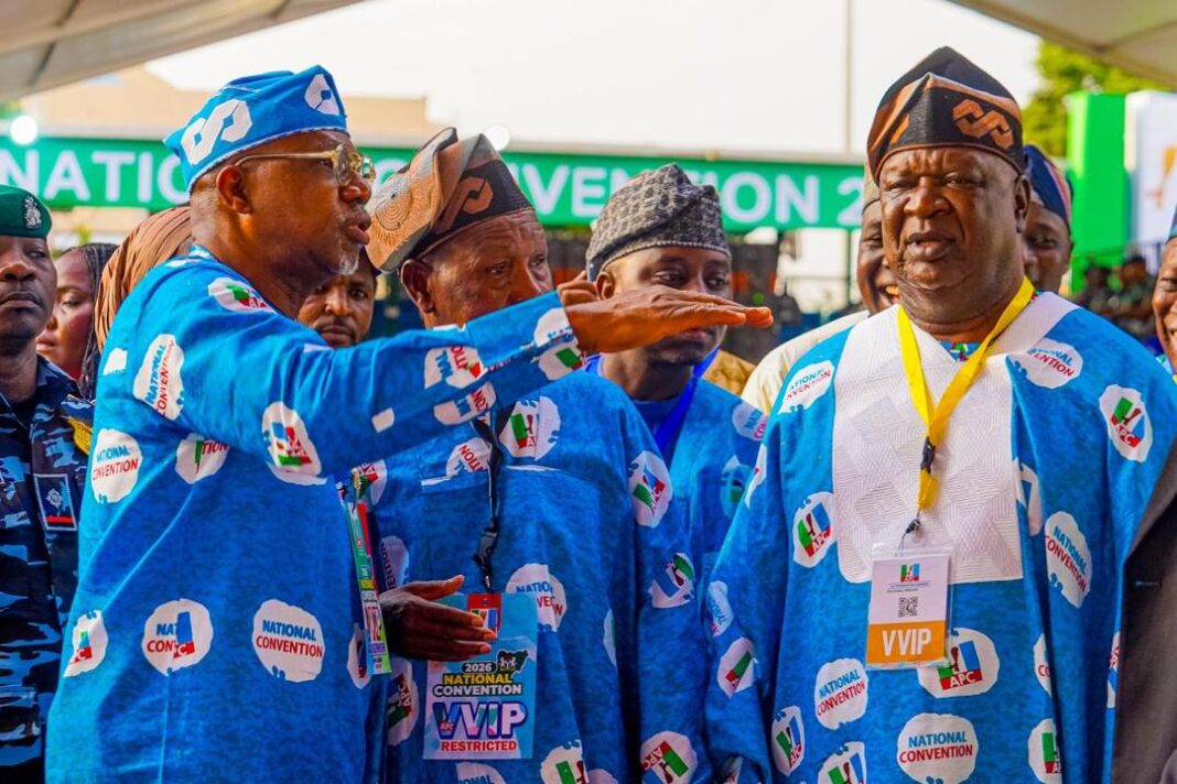L-R Ogun State Governor and Sub-Committee Chairman on Venue of the APC National Convention,Prince Dapo Abiodun, Former Governor of Katsina State and Chairman for the National Convention, Alhaji Bello Masari and former Secretary to the Federal Government (SFG), Senator Ayim Pius Ayim at the Convention ground, Eagle Square, Abuja on Saturday