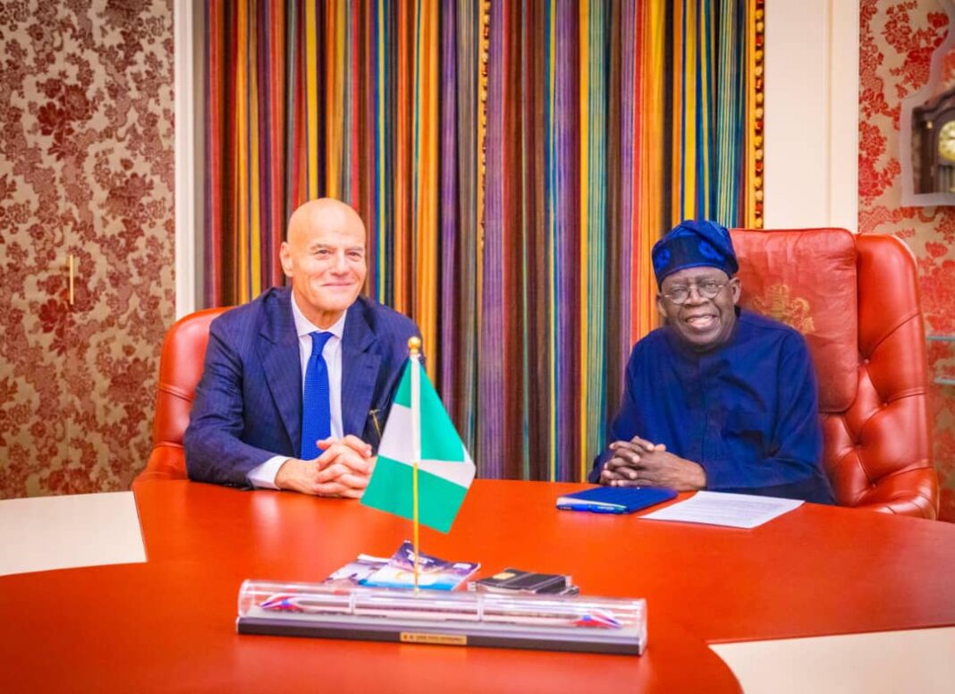 Chief Executive Officer Eni, Claudio Descalzi and President Bola Tinubu during a meeting with the President on final resolution of OPL 245