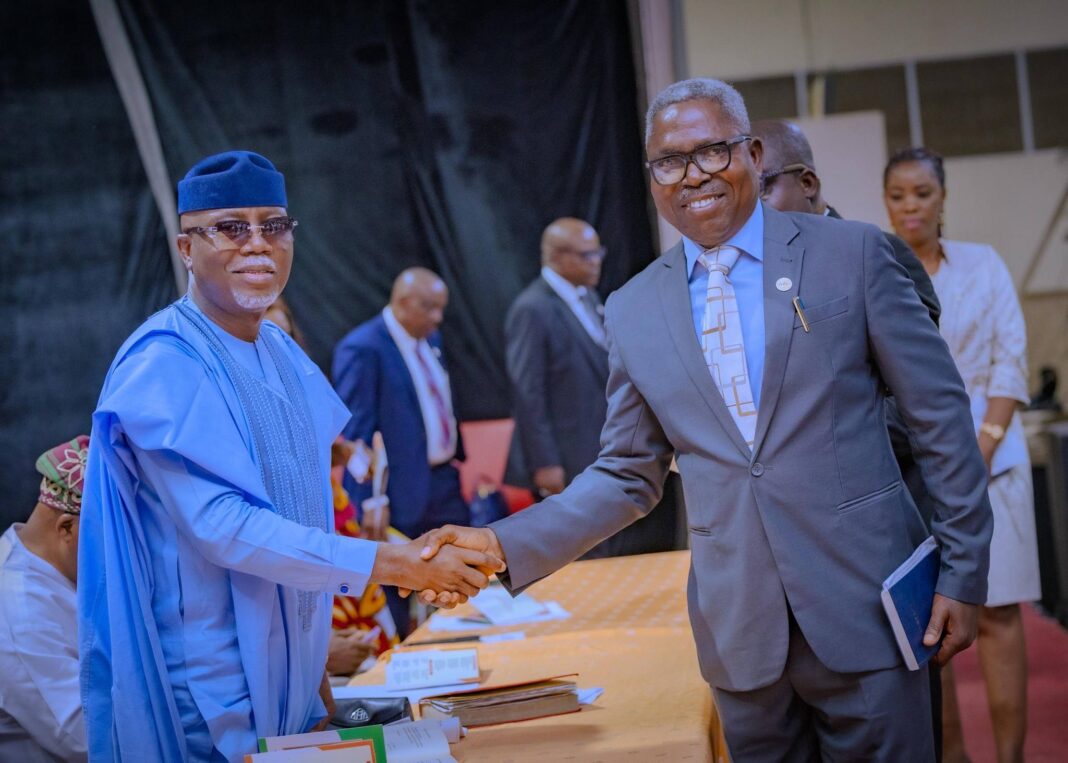 Governor Aiyedatiwa, left, during the swearing-in ceremony held at the International Centre for Culture and Events (The Dome), Igbatoro Road, Akure