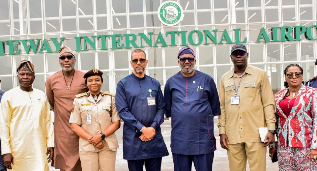 L-R: The Special Adviser to the Ogun State Governor on Security; AIG Olusola Subair(Rtd) Consultant on Aviation to the Governor; Dr. Muhammed Odunowo,Comptroller, Nigeria Immigration Service,Ogun State Command; Comptroller Olufunke Odusote,Consultant to the Governor,Aviation Management; Captain Dapo Olumide,Commissioner for Transportation; Engr. Gbenga Dairo,Representative of the Nigerian Civil Aviation Authority(NCAA); Dr. Uyiekpen Asuen and the Permanent Secretary, Ministry of Transportation; Mrs. Aderonke Tokunbo-Peters during a meeting with security agencies aimed at preparing adequately for the commencement of International flights at the Gateway International Airport in Ogun State on Monday.