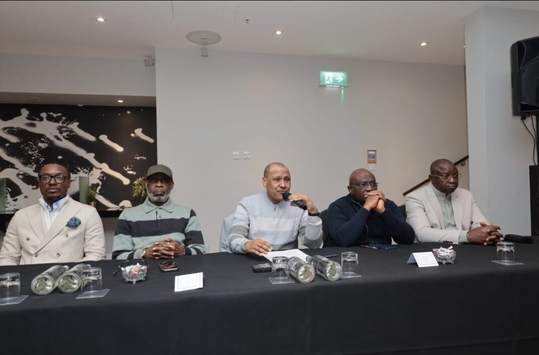 L-R: Senior Special Assistant to the President on Digital Media, Otega Ogra, Minister of Solid Minerals, Dele Alake, Minister of Information and National Orientation, Mohammed Idris, Special Adviser to the President on Information and Strategy, Bayo Onanuga and Special Adviser to the President on Media and Public Communication, Sunday Dare during an interactive session with Nigerian Media practitioners in UK at Hilton Kensington Hotel, London ahead of President Bola Tinubu's State Visit