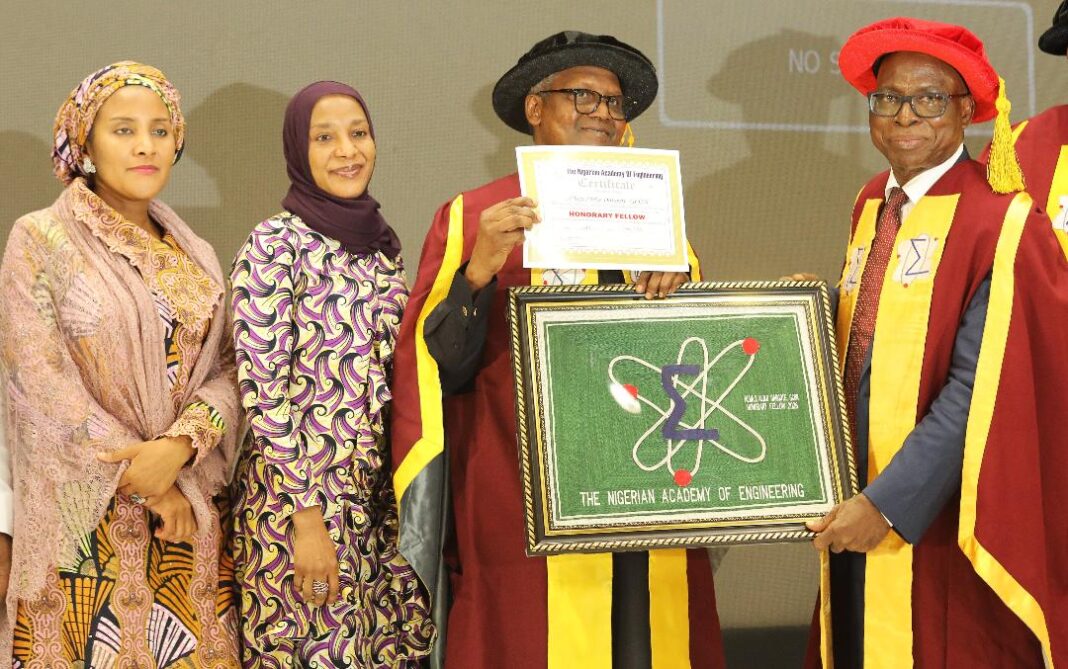 L-R: GED Oil & Gas, Dangote Industries Limited, Fatima Aliko Dangote; GED Operations, Dangote Sugar Refinery Plc, Mariya Aliko Dangote; President/CE, Dangote Industries Limited, Aliko Dangote; President, The Nigerian Academy of Engineering, Engr. Prof, Rahamon Bello, at The Nigerian Academy of Engineering Induction of Aliko Dangote as Honorary Fellow in Lagos on Friday, April 24, 2026.