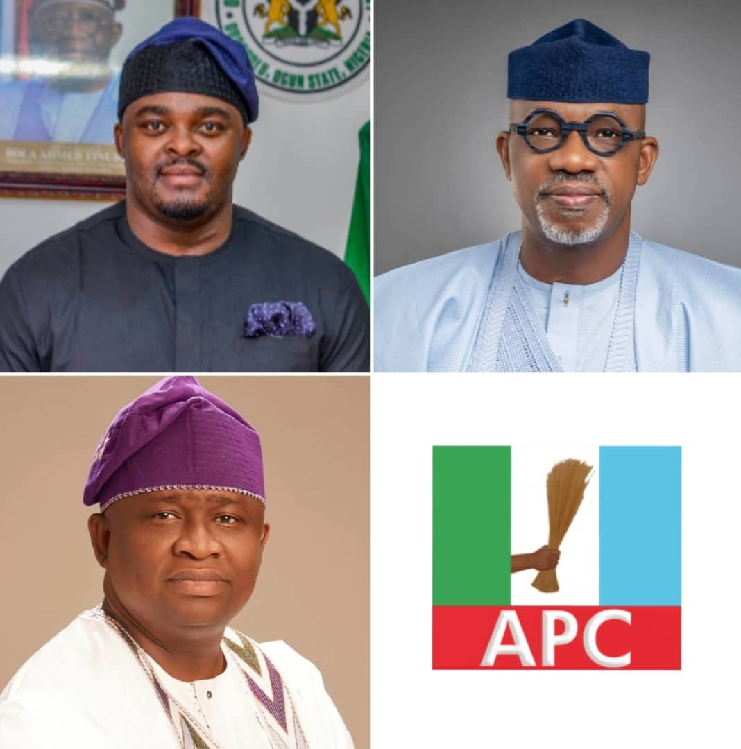 Clockwise from left Hon. (Dr.) Babatunde Oyetola Diya, Governor Abiodun, APC logo and Sentor Adeola