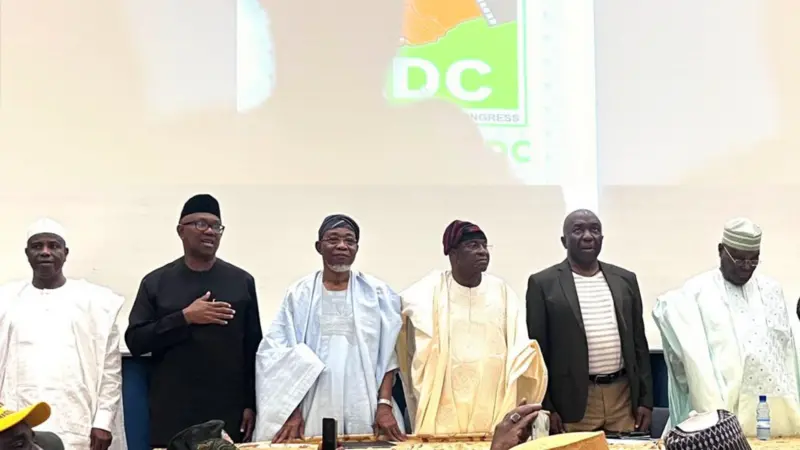 From right, Atiku, Mark, third right, Aregbesola, Obi, and others