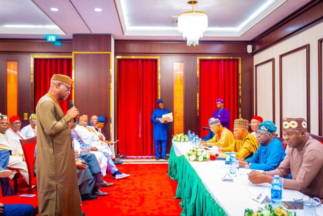 Presdent Tinubu, VP Shettima, Professor Yiwatda, Governor Uzodimma, all sitting by the right, Governor Oyebanji, standing and others