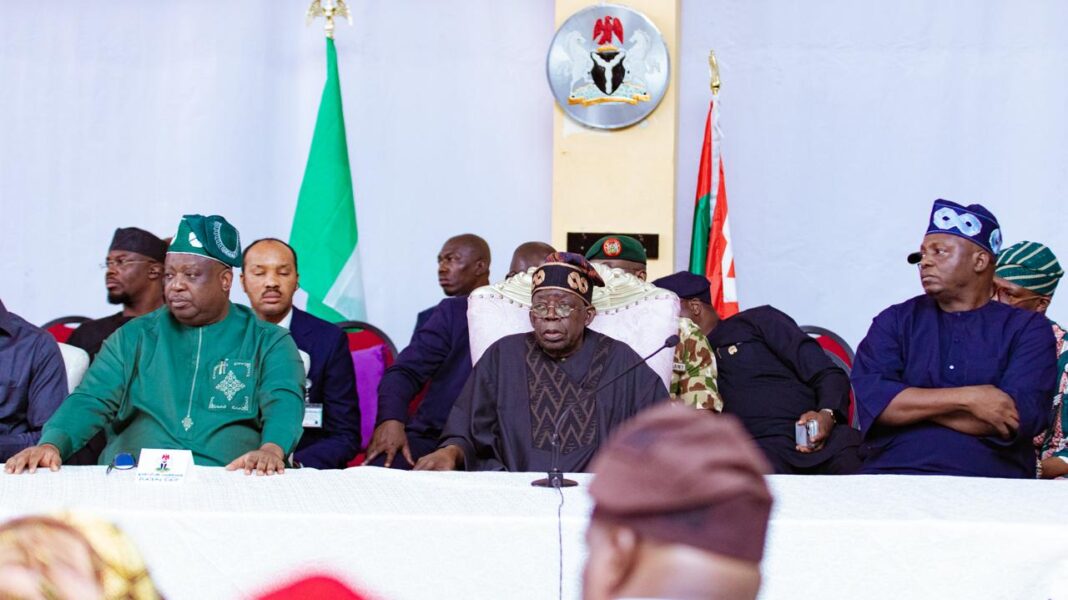 President Bola Tinubu, centre, Professor Nentawe Yilwatda, National Chairman of the All Progressives Congress, right, and Governor of Plateau State, Barrister Caleb Mutfwang