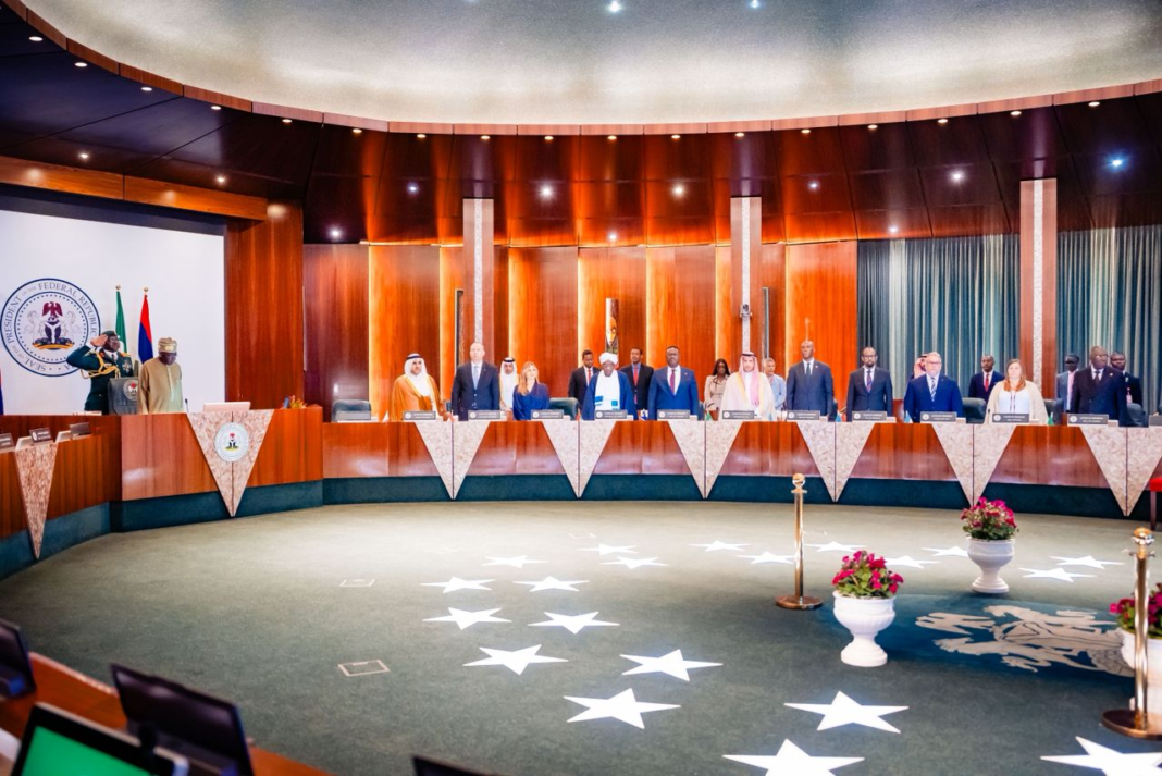 President Bola Tinubu, left, when he received Letters of Credence from seven Ambassadors and two High Commissioners, including those of Qatar and Saudi Arabia