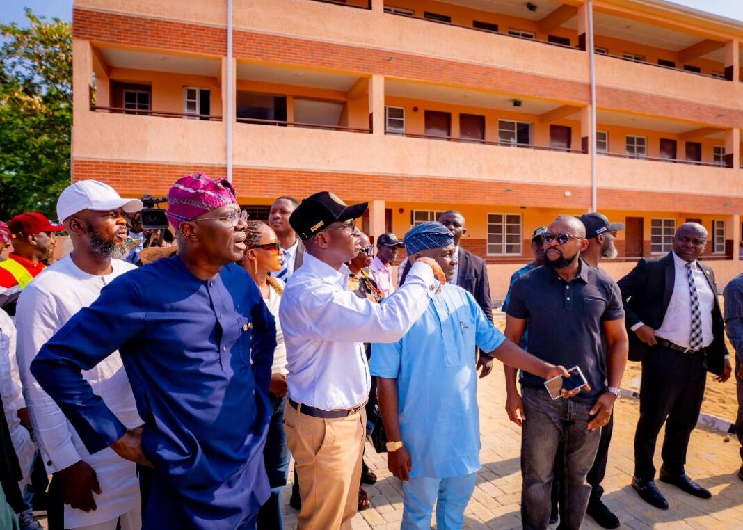 from left: Governor of Lagos State, Mr. Babajide Sanwo-Olu; Chairman, Special Committee on Rehabilitation of Public Schools (SCRPS), Mr. Hakeem Smith and Ajeromi Ifelodun LG Council Manager, Mr Salam Adeyemi Tajudeen during the governor's inspection of newly built Tolu Schools Complex in Ajegunle ahead of the commissioning, on Wednesday, April 1, 2026.