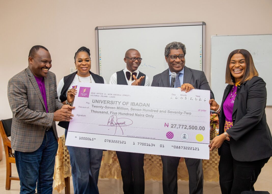L-R; Sola Gabriel,Head, Strategic Planning, Polaris Bank; Omowunmi Odunlade, Ag. Divisional Head, Ibadan; Professor A. O. Folawewo, Dean, Faculty of Economics & Management Sciences; Professor Akin Lewis( Dean Students Affairs),Representative of the Vice Chancellor and Njideka Nwabueze, Head, Retail Banking, Polaris Bank during the official presentation of the cheque by Polaris Bank to the University of Ibadan recently.