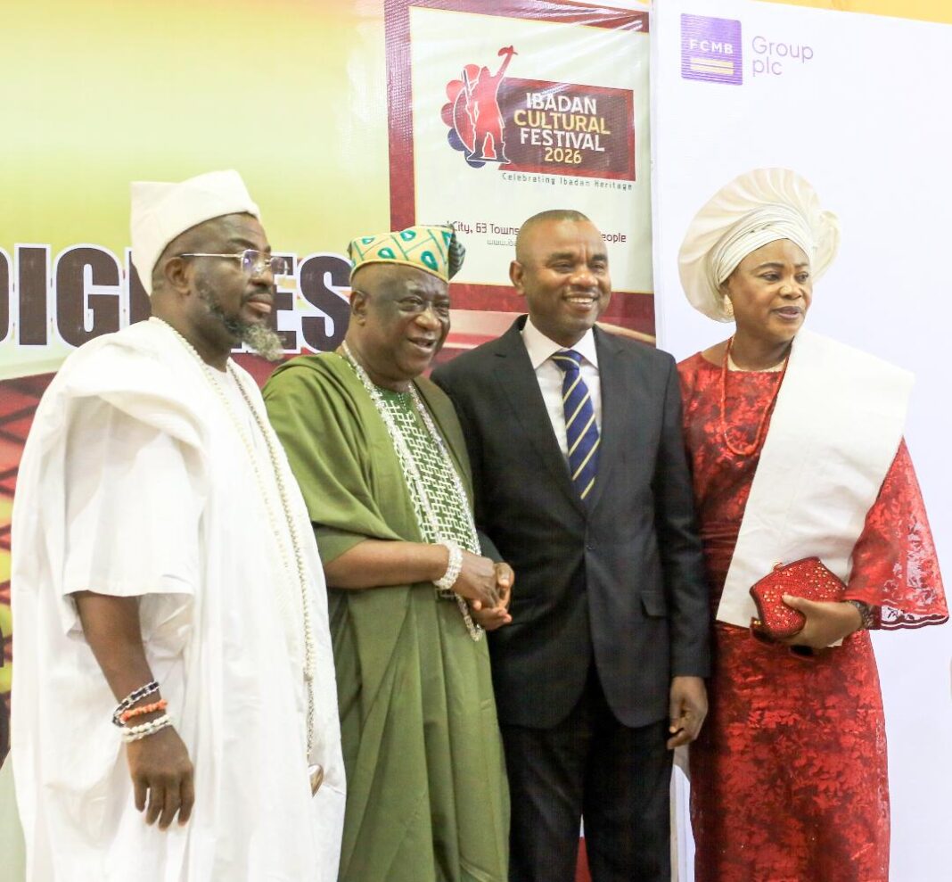 From left: Chairman, Planning Committee of Ibadan Cultural Festival 2026, Mogaji Gbolagade Akere; President-General, Central Council of Ibadan Indigenes, Barrister Ajeniyi Ajewole; Zonal Head, South-west 1, First City Monument Bank (FCMB), Mr. Kabir Salawu and Vice Chairman of the Planning Committee, Mrs. Toyin Oyebola, at a press conference to announce the activities of Ibadan Cultural Festival.