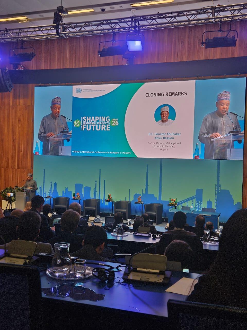 Senator Bagudu delivering his speech at the Conference on Clean Hydrogen: Shaping Sustainable Industry’s Future, organised by the United Nations Industrial Development Organisation in Vienna, Austria, on Wednesday.