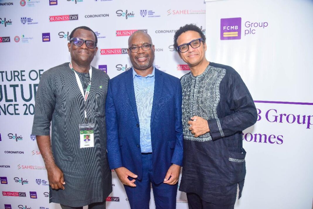 CEO Agbado Value-Chain Limited, Mr. Afioluwa ‘’AfricanFarmer’’ Mogaji; Divisional Head, Agribusiness and Non-Oil Exports, First City Monument Bank (FCMB), Mr. Kudzai Gumunyu and Managing Director, Baban Gona, Mr. Kola Masha, at the BusinessDay Future of Agriculture Conference held in Lagos, recently.