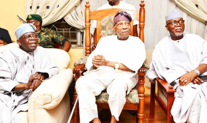 From left, President Bola Tinubu, Pa Reuben Fasoranti and Governor Lucky Aiyedatiwa