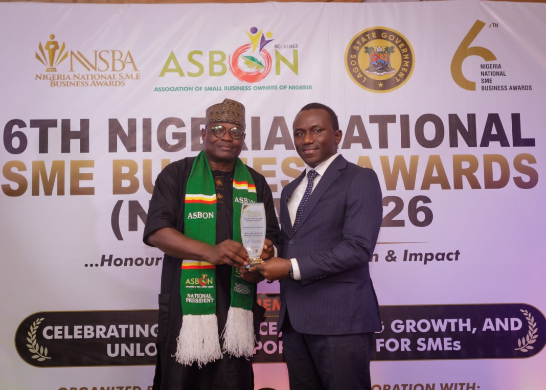 From left: President, Association of Small Business Owners of Nigeria (ASBON), Dr. Femi Egbesola and Head, SME Segment, Union Bank of Nigeria, Mr. Ayokunnumi Abraham during the presentation of the Best Bank for SME Growth Banking Initiative Award, 2025, to Union Bank of Nigeria at the 6th Nigeria National SME Business Awards (NNSBA), held on April 30, 2026, at the Rotary Centre, Ikeja, Lagos