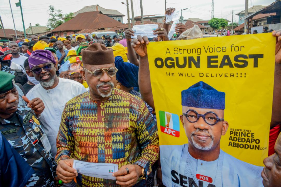 The Ogun State Governor; Prince Dapo Abiodun displaying his All Progressives Congress(APC) membership card during the primary election to choose the Ogun East Senatorial District candidate for the 2027 general elections at Ward 3, Iperu,Iperu-Remo,Ogun State on Monday