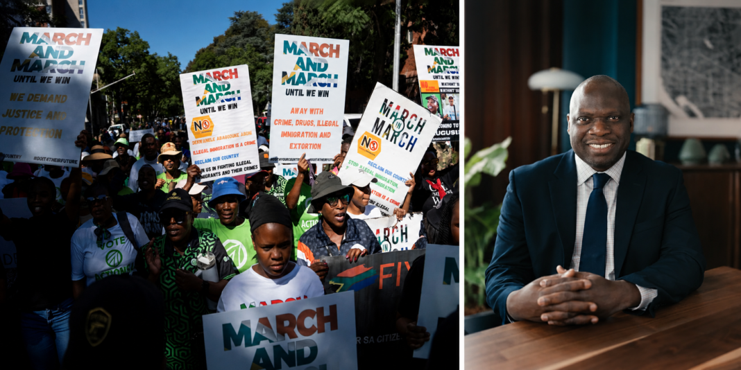 Professor Ebenezer Obadare, right. Members of civil society groups and human rights organizations hold placards as they take part in a march calling for stronger government action against illegal immigration in Pretoria, South Africa, on April 28, 2026. Ihsaan Haffejee/Reuters