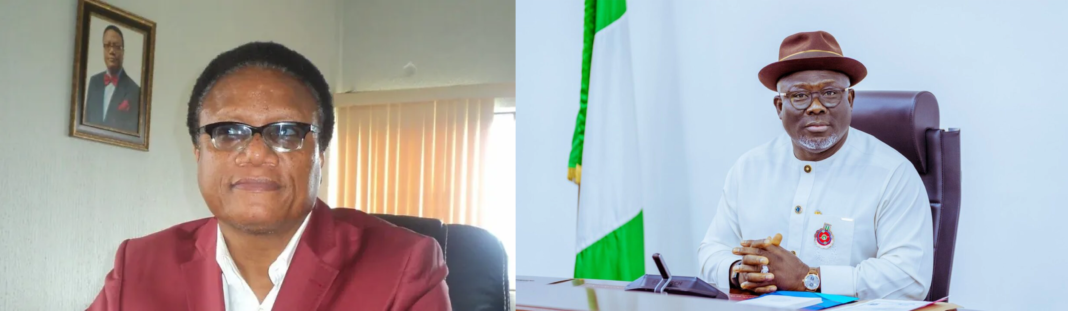 Governor Sheriff Oborevwori, right, and Professor Hope O’Rukevbe Eghagha