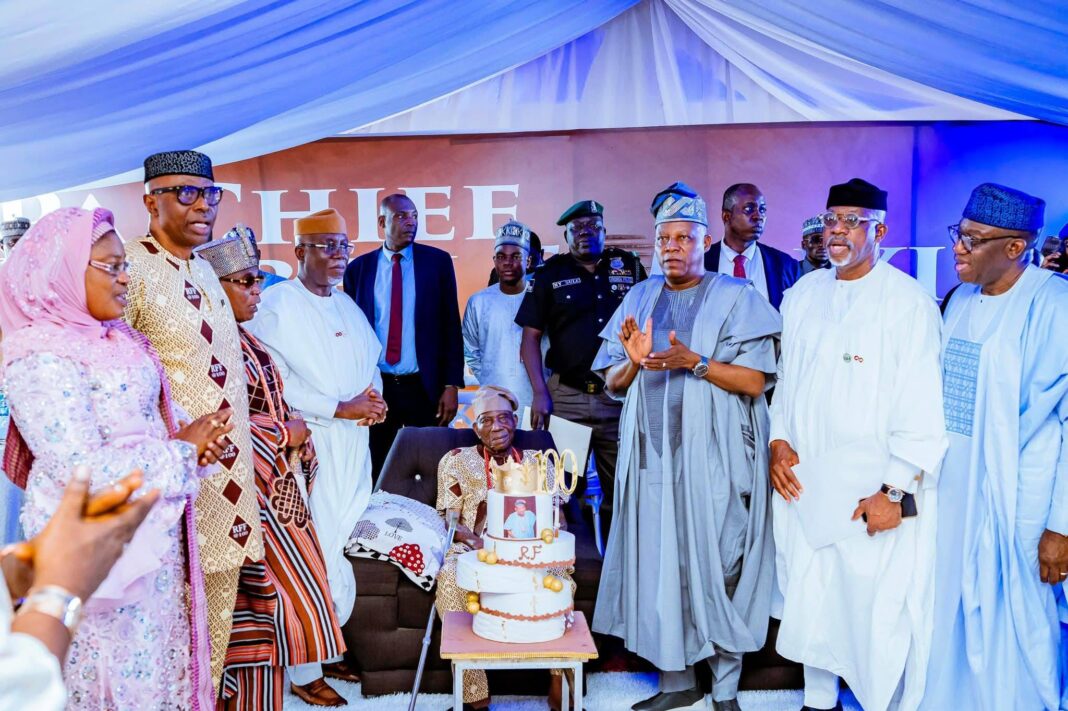 Pa Reuben Fasotranti during his centenary birthday. With him are Shettima, Aiyedatiwa, Abiodun, Mimko, Fayemi and others