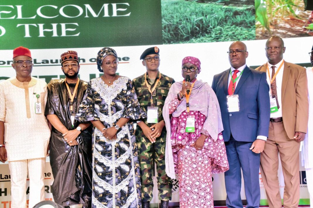 From left: Commissioner for Youth Affairs, Edo State, Charity Amayaenubo; Special Adviser to the Governor on Youth and Sport Development, Sani Musa Danja; Commissioner for Youth Development, Kaduna State, Gloria Ibrahim; Director-General of the National Youth Service Corps (NYSC), Brig. Gen. Olakunle Nafiu; Permanent Secretary, Federal Ministry of Youth Development, Dr. Maryam Isaila; Divisional Head of Agribusiness and Non-Oil Export at First City Monument Bank (FCMB), Mr. Kudzai Gumunyu; and Director/Head of Agri and Water Resources Department at the Bureau of Public Procurement (BPP), Engr. Obide Bright, at the national launch of the Youth Agribusiness Land Fund (YiALTF) at Abuja Continental Hotel on June 1, 2026.
