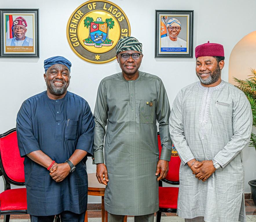 Governor of Lagos State, Mr. Babajide Sanwo-Olu flanked by Director General, National Sports Commission (NSC), Hon. Bukola Olopade (left) and Chairman, Lagos State Sports Commission, Mr. Lekan Fatodu, during a courtesy visit at Lagos House, Marina on Wednesday, June 3, 2026.