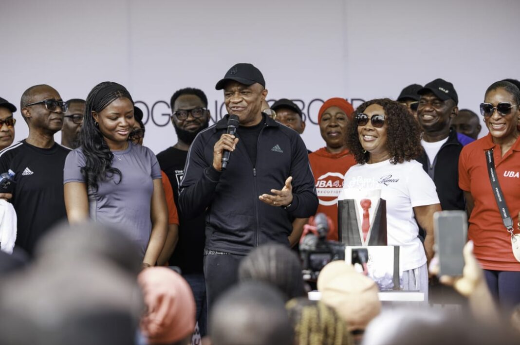 L-R: Group Deputy Managing Director, United Bank for Africa (UBA), Chukwuma Nweke; Group Managing Director's daughter, Elizabeth Oly-Alawuba; Group Managing Director/CEO, UBA, Oliver Alawuba; his wife, Professor Nkeiruka Oly-Alawuba; Head of Business, UBA, Babatunde Ajayi; and Group Head, Customer Experience, UBA, Michelle Nwoga, at the Bank's quarterly wellness initiative, 