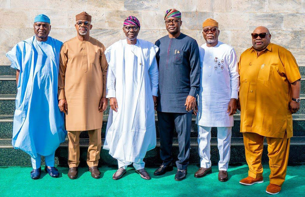 Ekiti State Governor, Abiodun Oyebanji (left); his counterparts, Dapo Abiodun (Ogun); Babajide Sanwo-Olu (Lagos); Seyi Makinde (Oyo); Lucky Aiyedatiwa (Ondo) and Ademola Adeleke (Osun) during a meeting of the South West Governors’ Forum at the Lagos House, Alausa, Ikeja