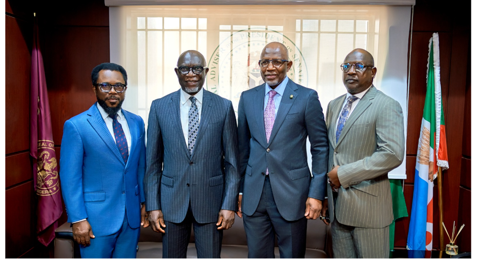 Mr Lamido Yuguda Abubakar, the new Chairman of the Board of Directors, Asset Management Corporation of Nigeria (AMCON), second right, with the Managing Director/Chief Executive Officer, AMCON, Mr Gbenga Alade, flanked by Head, Inter-Governmental Department, AMCON, Mr Sa’ad Ahmed (right), and Head, Corporate Communications Department, AMCON, Mr Jude Chiedozie Nwauzor (left), after the screening of the new AMCON Board Chairman at the Senate Building, National Assembly Complex, Abuja on Tuesday