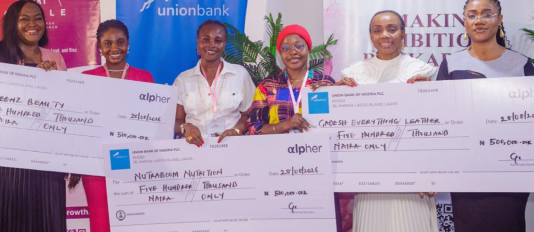 L-R: Head alpher, Union Bank of Nigeria, Mrs. Aderonke Chukwudeme; Founder, Bequeenz Beauty, Ms. Esther Harmony Elois; Founder, Atas Nutraboom Nutrition, Ms Oluwakemi Olaniyan; Founder, Gadesh & Co Nigeria Limited; Ms. Abojukoro Ganiyat Adeshola; Head SME Banking, Union Bank of Nigeria, Mrs. Gloria Omereonye, and Founder, Zuri Circle Network, Ms. Linda Obi during the Bank’s presentation of grants to business pitch winners at the Fearless Female Founders (FFF) 2.0 programme at Vibranium Valley, Local Airport Road, Ikeja, Lagos recently