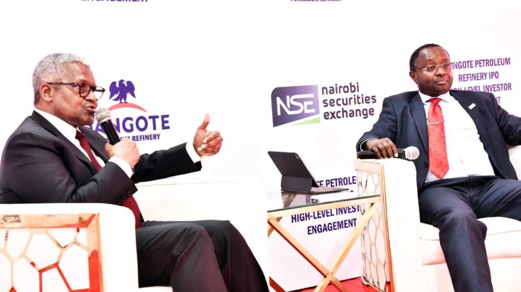 President/Chief Executive, Dangote Industries Limited, Aliko Dangote (left), and Chief Executive Officer, Nairobi Securities Exchange (NSE), Frank Mwiti, during a fireside chat at the Dangote Petroleum Refinery IPO High Level Investor Engagement organised by the Nairobi Securities Exchange in Nairobi, Kenya.